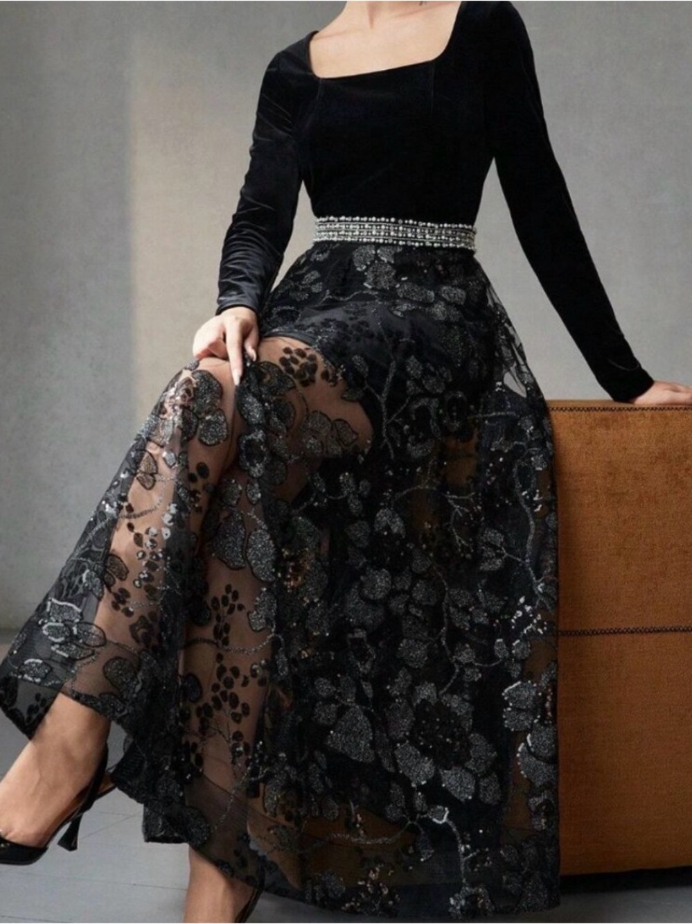 NEW W/ TAGS! Black Velvet & Sheer Sequin Embellished Special Occasion Dress, L